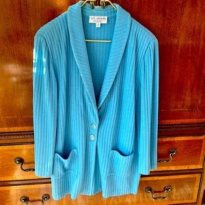 St. John long baby blue ribbed cardigan with belt and sleeveless sweater, large